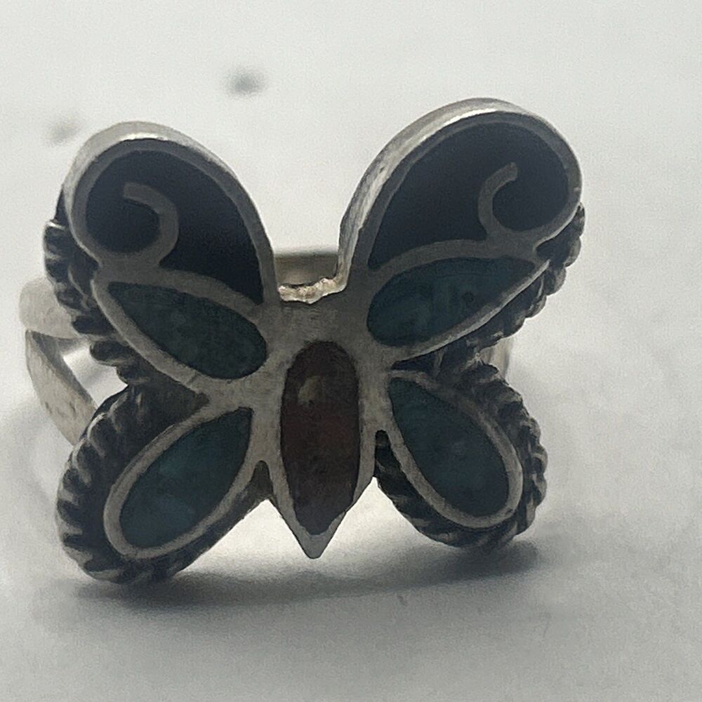 Vintage Sterling Silver 925 Turquoise Coral Native American Butterfly Ring 8